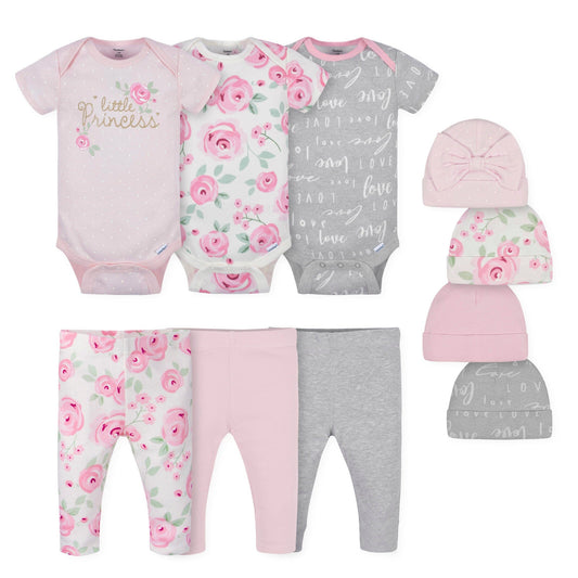 10-Piece Baby Girls Floral Onesies® Bodysuits, Pants, and Caps Set