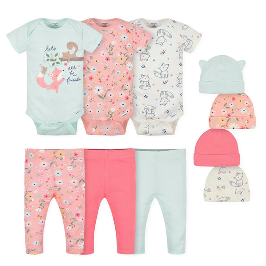 10-Piece Baby Girls Fox Onesies® Bodysuits, Pants, and Caps Set